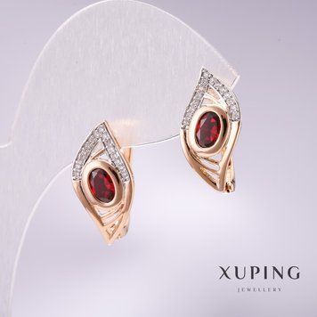 Сережки Xuping з червоними каменями 19х10мм родій, позолота 56720 фото