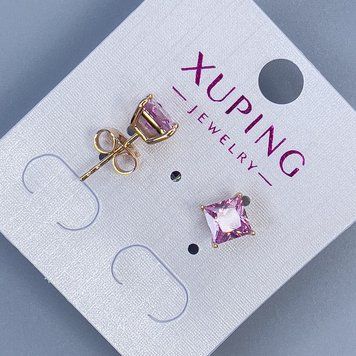 Сережки пусети кульчики Xuping з рожевим каменем оправа "Квадро" 6мм+- позолота 18к 57176 фото