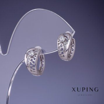Сережки Xuping Грецький візерунок 7х14мм родій з білими стразами 55394 фото
