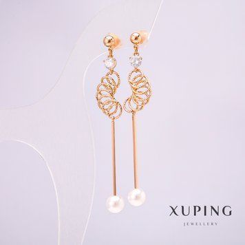 Сережки Xuping Позолота 18к з перлиною 8мм та білим каменем L-77мм + - 57068 фото