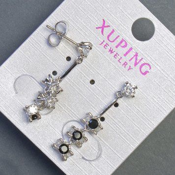 Сережки Xuping з чорними каміннями 6х30мм Родій 57091 фото
