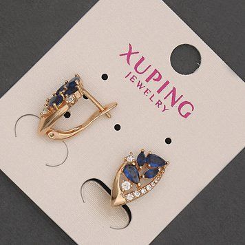 Сережки Xuping з білими стразами та синіми кристалами d-8мм+- L-15мм+- Позолота 18К 56831 фото