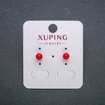 Сережки пусети кульчики Xuping Позолота 18К з червоною намистиною d-4мм + - 55150 фото