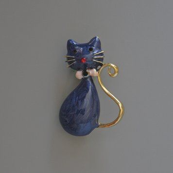 Брошка кулон Котик синя перламутрова емаль з блистинками, стрази, золотистий метал 25х39мм 64122 фото