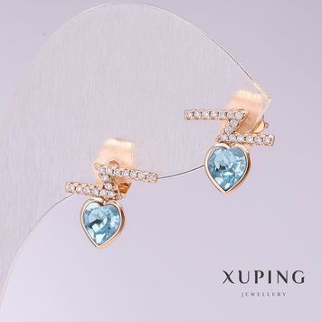 Сережки Xuping пусети кульчики з блакитними каменями Серця 12х11мм позолота 55634 фото