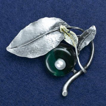 Знижка! Брошка Гілочка з Хризопразом і намистиною сріблястий метал 60х67мм + - 60128 фото