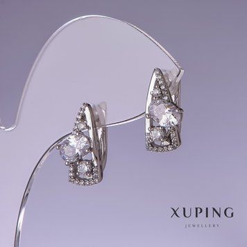 Сережки Xuping з білими цирконами 17х8мм родій 55285 фото