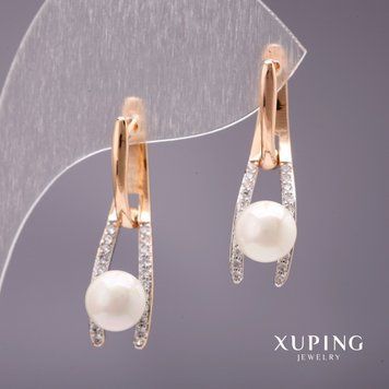 Сережки Xuping з перлами Майорка колір білий 28х8мм позолота 18к 55808 фото