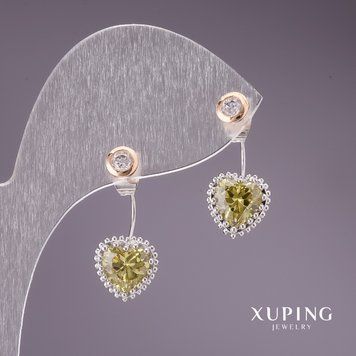 Сережки Xuping пусети кульчики "Сердечка" з білими та світло зеленими каменями 10х20мм родій, позолота 18к 55772 фото