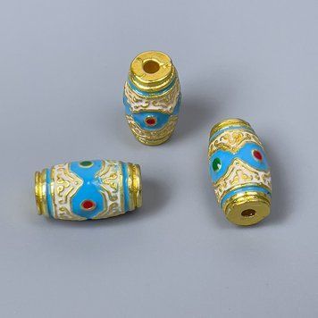 Фурнитура бусина Клуазоне бочонок белая голубая красная эмаль d-8х14мм+- отверстие d-2мм золотистый цвет металла 1 шт. 47554 фото