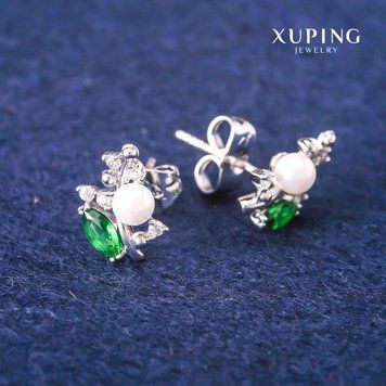 Сережки пусети кульчики Xuping із зеленими кристалами та Майоркою d-8х13мм Родій 56891 фото