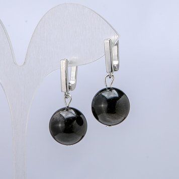 Серьги Серебристый Обсидиан d-14мм+- L-32мм+- 81809 фото
