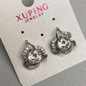 Скидка! Серьги Xuping Родий с белым камнем и белыми стразами 15мм + - 57033 фото
