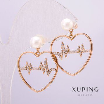 Сережки Xuping Позолота 18к з перлиною 6мм + - та білими стразами 26х21мм + - 55847 фото