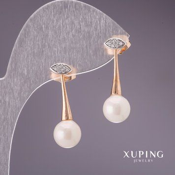 Серьги Xuping с жемчугом "Майорка" 26х8мм позолота 18к 55650 фото