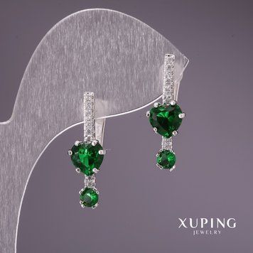 Сережки Xuping із зеленими каменями 24х8мм родій 56638 фото