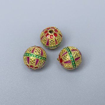 Фурнітура намистина Клуазоне зелена червона малинова емаль d-10мм+- отвір d-1,8мм золотистий колір металу 1 шт. 47527 фото