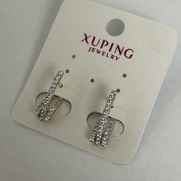 Сережки Xuping з білими стразами 2х20мм родій, позолота 18к 57154 фото