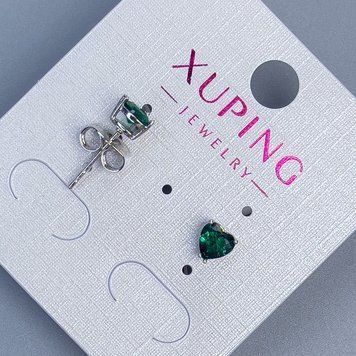 Сережки пусети кульчики Xuping Серце з зеленим каменем 5мм+- родій 57036 фото