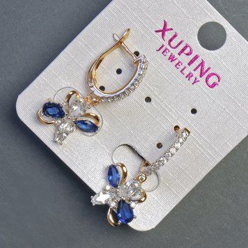 Серьги Xuping с синими камнями 30х12мм позолота 18к 56921 фото