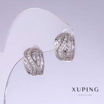 Сережки Xuping з білими стазами L-15мм s-10мм родій 55539 фото