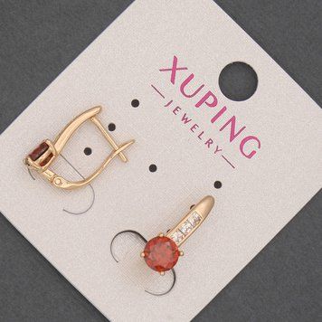 Сережки Xuping з білими стразами и червоними каменями d-6мм+- L-16мм+- Позолота 18К 56719 фото