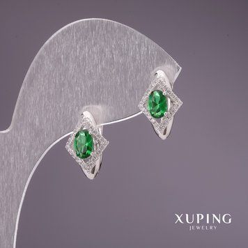 Сережки Xuping із зеленими каменями 15х10мм родій 56911 фото