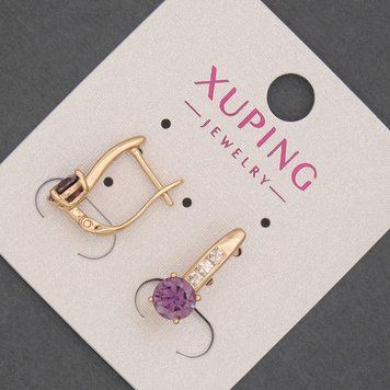 Серьги Xuping с белыми стразами и фиолетовым кристаллом d-6мм+- L-17мм+- Позолота 18К 56710 фото