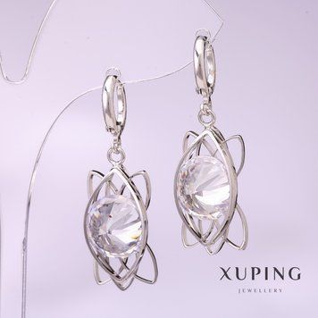 Знижка! Сережки Xuping з білим каменем 40х12мм родій 56767 фото