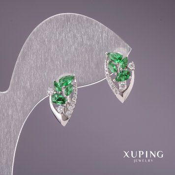 Сережки Xuping з зеленими каменями 16х8мм родій 56905 фото