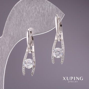Сережки Xuping з білими каменями 28х7мм родій 57018 фото