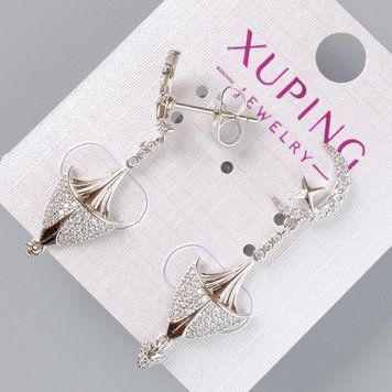 Серьги пусеты Xuping с белыми стразами d-24х10мм, 11х7,5мм+-L-40мм+-, родий 55695 фото