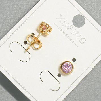 Сережки пусети Xuping з рожемим кристалом, кругла оправа d-6мм позолота 57062 фото