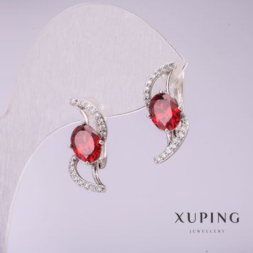 Сережки Xuping з червоними каменями 21х8мм родій 56734 фото