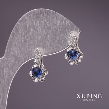 Знижка! Сережки Xuping з синіми каменями 17х9мм родій 56737 фото