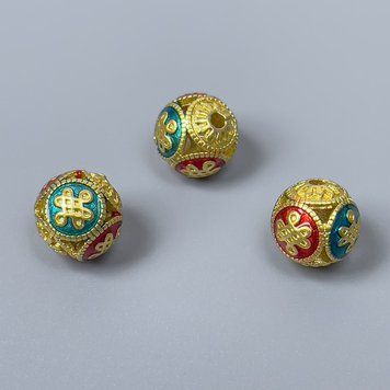 Фурнітура намистина Клуазоне червона бірюзова емаль d-10мм+- отвір d-1,8мм золотистий колір металу 1 шт. 47537 фото