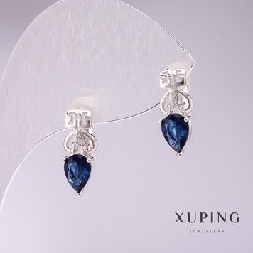 Сережки Xuping з синіми каменями 15х5мм родій 55410 фото