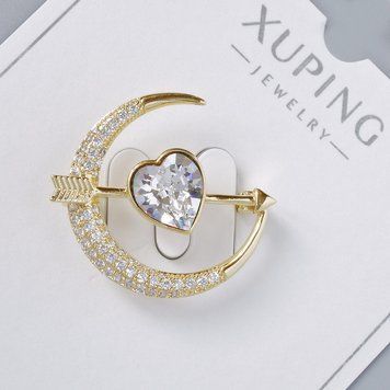 Брошка Xuping "Серце" білий кристал та білі стрази 24х27мм, світло-золотистий метал,позолота 64071 фото