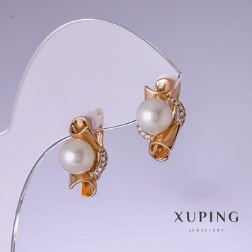 Сережки Xuping з білими перлами "Майорка" 17х10мм позолота 18к 56692 фото