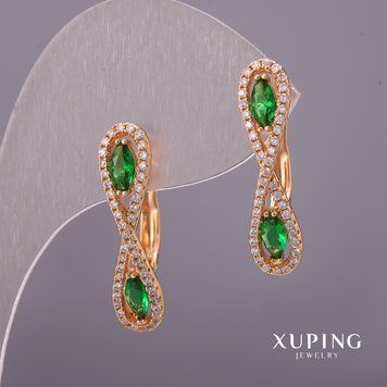 Серьги Xuping с белыми стразами и зелеными камнями 6х25мм Позолота 18К 57204 фото