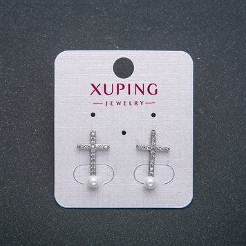 Серьги пусеты пульчики Крестик Xuping Родий с белыми стразами и бусиной d-18х10мм + - 55076 фото