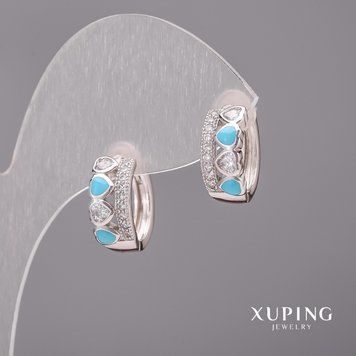 Сережки Xuping з білими каменями і синьою емаллю 6х15мм Родій 57049 фото