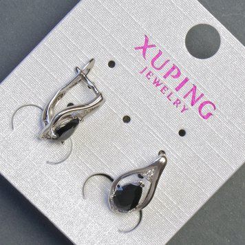 Сережки Xuping з чорними каміннями 16х8мм родій 57001 фото