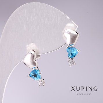 Сережки Xuping гірлянда з Сердець з блакитними каменями 17х7мм родій 55494 фото
