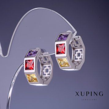 Серьги Xuping разноцветные кристаллы 18х7мм родий 56999 фото
