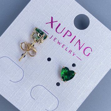 Сережки пусети кульчики Xuping Серце з зеленим каменем 5мм+- позолота 18к 55367 фото