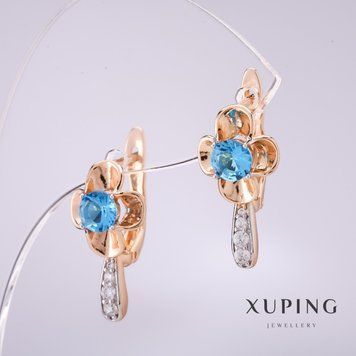 Скидка! Серьги Xuping с голубыми камнями 20х10мм позолота 18к 56950 фото