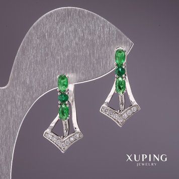 Сережки Xuping із зеленими каменями 12х23мм родій 56794 фото