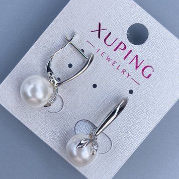 Серьги Xuping родий с жемчугом 10мм+- L-25мм +- 57149 фото