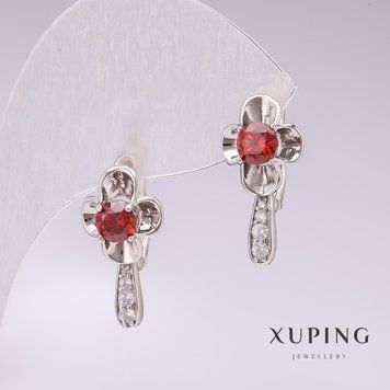Сережки Xuping родій з червоними каменями і білими стразами 20х10мм 55459 фото